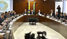 Vice President Temer holds his first cabinet meeting as Acting President at the Planalto Palace,13 May 2016. Michel Temer Ministerial meeting.jpg