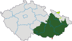 Dyjský trojúhelník (červeně) na mapě Moravy (zeleně) a České republiky
