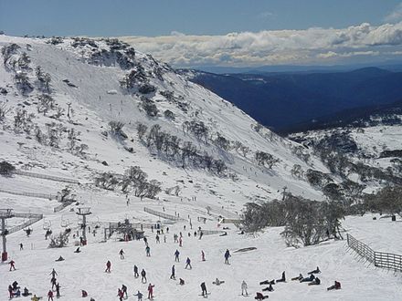 Snowboarders and skiers at Mount Blue Cow, part of the Perisher Resort