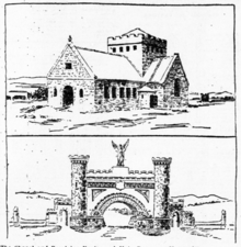 Drawings of Chapel and Receiving Vaults (top) and Main entrance (bottom), published in 1896 Mt Olivet chapel and gate (1896).png