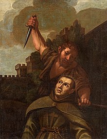Pintura de l'assassinat per apunyalament d'un monjo italià.