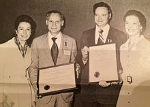 Harry Dornbrand (second left) and John Thole (second right) receive the NASA Distinguished Public Service Medal and NASA Distinguished Service Medal (respectively) for their work managing the ATS-6 satellite.