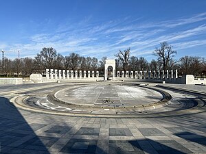 World War II Memorial in February 2024 with the fountain drained for maintenance, looking towards the Atlantic Arch