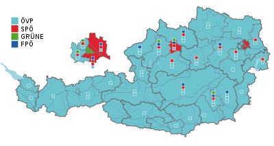 Stärkste Partei auf Ebene der Regionalwahlkreise (mit Wahlkarten) Die Kästchen zeigen im ersten Ermittlungsverfahren gewonnene Mandate (Grundmandate) an