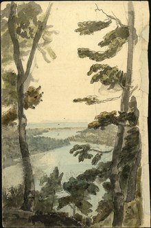 El río Niágara y los árboles están representados en la pintura.