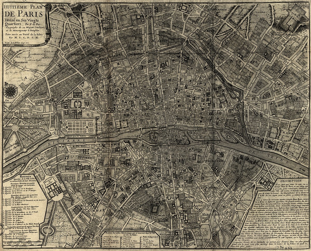 File:Nicolas de Fer, Huitieme plan de Paris divisé en ses vingts quartiers,  1705.jpg - Wikimedia Commons