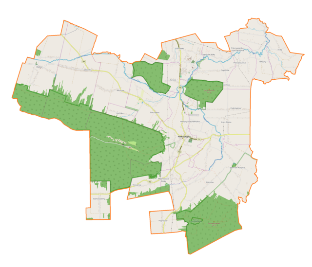 Mapa konturowa gminy Nowa Słupia, w centrum znajduje się punkt z opisem „Kaplica Oleśnickich”