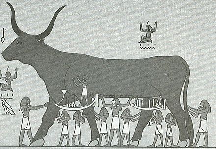 The sky depicted as a cow goddess supported by other deities. This image combines several coexisting visions of the sky: as a roof, as the surface of a sea, as a cow, and as a goddess in human form.[27]