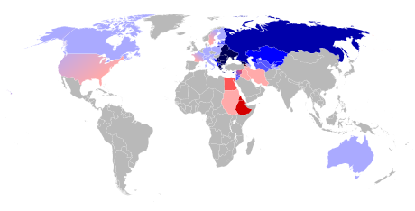 Comparative distribution of Eastern Orthodoxy and Oriental Orthodoxy in the world by country
Legend
Eastern Orthodoxy
Oriental Orthodoxy
.mw-parser-output .legend{page-break-inside:avoid;break-inside:avoid-column}.mw-parser-output .legend-color{display:inline-block;min-width:1.25em;height:1.25em;line-height:1.25;margin:1px 0;text-align:center;border:1px solid black;background-color:transparent;color:black}.mw-parser-output .legend-text{}
Dominant religion (more than 75%)
Dominant religion (more than 75%)
Dominant religion (50-75%)
Dominant religion (50-75%)
Important minority religion (20-50%)
Important minority religion (20-50%)
Important minority religion (5-20%)
Important minority religion (5-20%)
Minority religion (1-5%)
Minority religion (1-5%) Orthodoxy by Country.svg