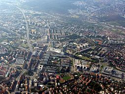 Letecký pohled na Pankrác, Nusle a Krč (severní část Prahy 4). Foto: Hynek Moravec, Wikipedia
