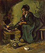 Peasant Woman Cooking by a Fireplace