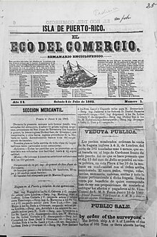 The 5 July 1852 cover page of "El Eco del Comercio", a newspaper published in Ponce between 1857 and 1867 Periodico El Eco del Comercio, Ponce, Puerto Rico, edicion de 5 de Julio de 1852 (DP29v2).jpg