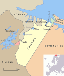 Map of Petsamo area in northern Finland/Soviet Union/Russia. The green area is the Finnish part of the Rybachi peninsula (Kalastajasaarento) which was ceded to the Soviet Union after the Winter War. The Red area is the Janiskoski-Niskakoski area ceded to the USSR in 1947. Petsamo.png