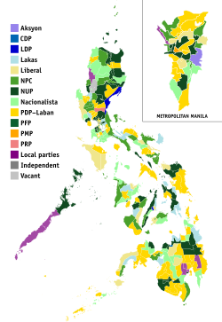 Parties that hold the seats in each congressional district in the 18th Congress of the Philippines.
