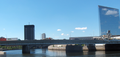 Vine Street Expressway Bridge, built 1959, reconstructed 1989, carries I-676 (Vine Street Expressway) over the Schuylkill River, CSX tracks, N. 24th St. ramp in Philadelphia, looking downstream from the east bank