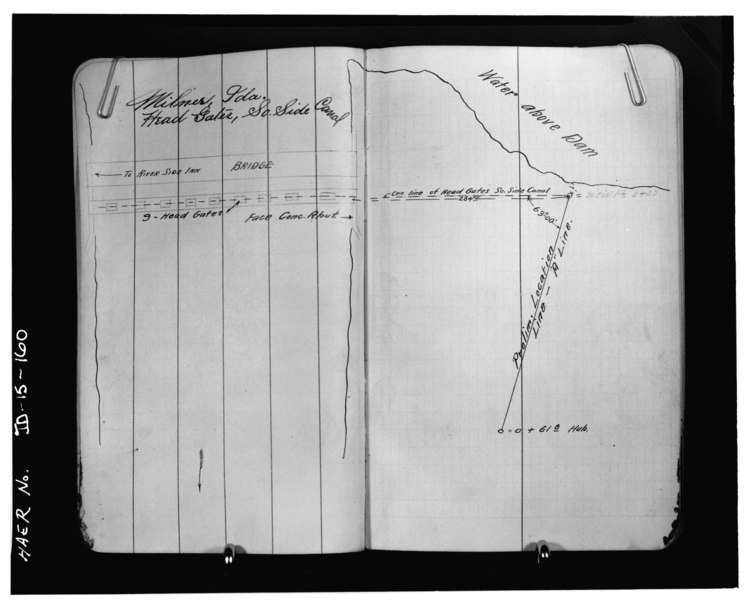 File:Photocopy of drawing (taken from Twin Falls Canal Company Field Book -361 (-86), page 1). SCALE DRAWING, CANAL HEADGATES AND CANAL SURVEY, 'A' LINE. - Milner Dam and Main Canal HAER ID,27-TWIF.V,1-160.tif