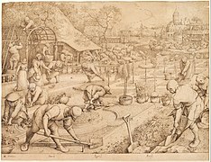 A 1565 Brugel sketch "Spring" although not part of the Months cycle series it could very well be similar to what Bruegel had in mind when he painted "High Spring" {April/May)