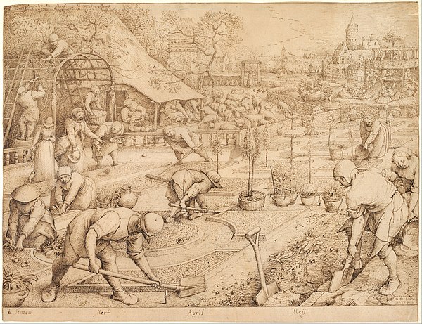 A 1565 Brugel sketch "Spring" although not part of the Months cycle series it could very well be similar to what Bruegel had in mind when he painted "