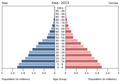 English: The population pyramid of Iraq illustrates the age and sex structure of population and may provide insights about political and social stability, as well as economic development. The population is distributed along the horizontal axis, with males shown on the left and females on the right. The male and female populations are broken down into 5-year age groups represented as horizontal bars along the vertical axis, with the youngest age groups at the bottom and the oldest at the top. The shape of the population pyramid gradually evolves over time based on fertility, mortality, and international migration trends. Українська: Віково-статева піраміда населення Іраку за 2013 рік. Вона дає наочне уявлення про вікову і статеву структура населення країни, може слугувати джерелом інформації про політичну і соціальну стабільність, економічний розвиток. Блакитними кольорами ліворуч, у вигляді горизонтальних смуг показані вікові групи (з кроком 5 років кожна) чоловічої статі, праворуч рожевими — жіночої. Наймолодші вікові групи — внизу, найстаріші — вгорі. Форма піраміди поступово еволюціонує з плином часу під впливом чинників народжуваності, смертності і світової міграції.