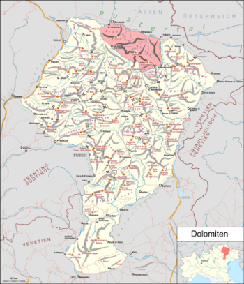 Pragser Dolomiten in Rot auf der Dolomitenkarte