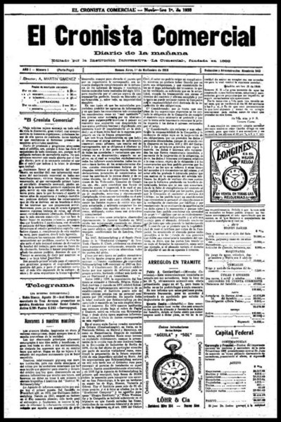 Archivo:Primera edición del diario argentino "El Cronista Comercial" (1 de Noviembre de 1908).jpg