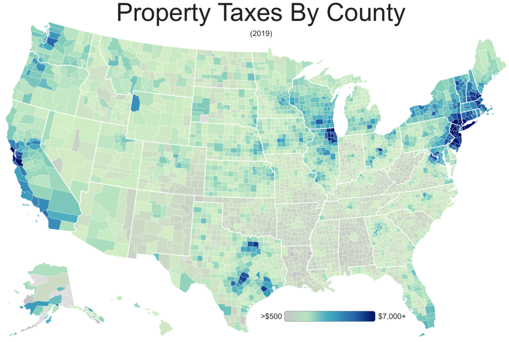 Median property tax paid by county    -$500,   $1,000,   $2,000,   $3,000,   $4,000,   $5,000,   $6,000,   $7,000+
