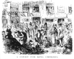 رسم من مجلة بانش (1852) يُصور سوء الخدمات الصحية والاكتظاظ السكاني في لندن الجالب للكوليرا
