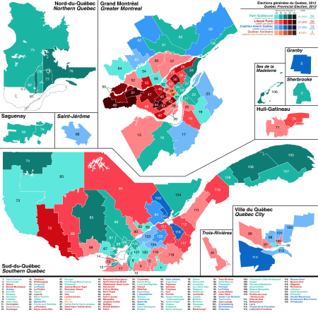 Alegerile din Quebec 2012 Rezultate Map.svg