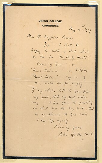 An agreement from Arthur Quiller-Couch to Sassoon to write for The Daily Herald