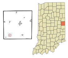 Randolph County Indiana beépített és be nem épített területek Modoc Highlighted.svg