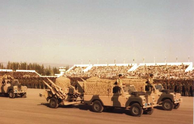 Anti-aircraft missiles of the Oman Artillery (Land Rovers towing Rapier missile wheeled launchers)