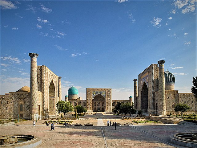 The three madrasas at the Registan of Samarkand, built during the Timurid Renaissance