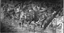 Vue cavalière du centre du Lyon médiéval, ceinturé d'un mur et bordant la Saône. Au centre, la cathédrale Saint-Jean.