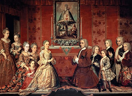 Portrait of the Fagoga Arozqueta family. A colonial Mexican [criollo] couple of Spanish [basque] ancestry with their ten sons in Mexico City, New Spain,[fn 1] anonimous painter, ca. 1735. Museo Nacional de San Carlos of Mexico City.[13]