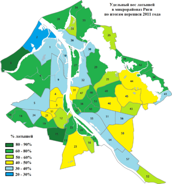 Расселение латышей в микрорайонах Риги (%, перепись населения 2011 года)