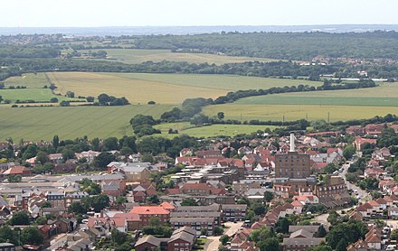 Aerial photo over Rochford. The old hospital boilerhouse can be seen.