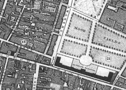 Map of London Wall, Moorgate, Moorfields and Bethlem Royal Hospital from John Rocque's Map of London, dated 1746. Rocque e1 MoorgateCrop.jpg