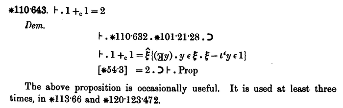 Exemplo de notación matemática complexa nunha obra de Russell, no punto concreto onde deduce que 1+1=2.