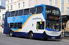 Alexander Dennis Enviro400 bodied Scania N230UD in Worthing in May 2016 showing the 2015-2021 Coastliner logo STAGECOACH South East - Flickr - secret coach park.jpg