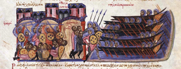 Bir şehrin halkını gemilerine sürükleyen savaşçıları gösteren Orta Çağ minyatürü