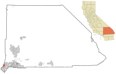 Location of Montclair in San Bernardino County (left) and California (right)