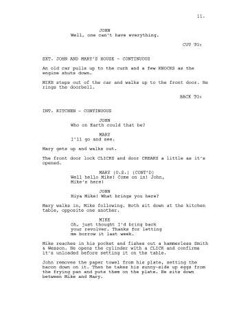 Page from a screenplay, showing dialogue and action descriptions, as well as scene cuts Screenplay example.svg