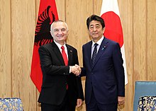 Japanese Prime Minister Shinzo Abe and Albanian President Ilir Meta at the Prime Minister's Official Residence in October 2019. Shinzo Abe and Ilir Meta at the Enthronement of Naruhito (1).jpg