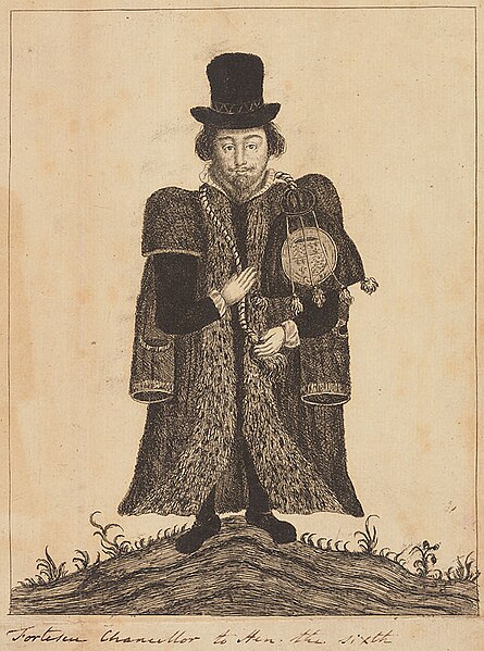 A drawing of Fortescue in anachronistic 17th-century dress with an oversized Great Seal of England, from the Legal Portrait Collection of Harvard Law 