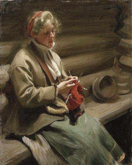 En dame strikker. Maleri av Anders Zorn.