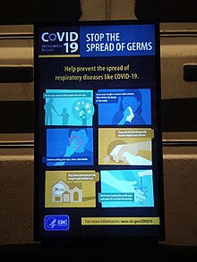 Electronic sign in a Washington Metro station during the coronavirus pandemic. Stop the spread of germs DC metro.jpg