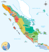 Location ethnic groups of Sumatra, the Minangkabau is shown in light and dark olive. Sumatra Ethnic Groups Map en.svg