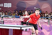 Deutsch: Tischtennis bei den Olympischen Jugendspielen 2018; Tag 9, 15. Oktober 2018; Mixed, Finale, Mixed-Doppel – Tomokazu Harimoto (JPN) Vs Wang Chuqin (CHN) 3:1 English: Table tennis at the 2018 Summer Youth Olympics at 15 October 2018 – Mixed Final, Mixed-Double – Tomokazu Harimoto (JPN) Vs Wang Chuqin (CHN) 3:1