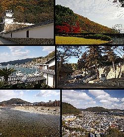 Top left:Tatsuno Castle, Top right:Tatsuno Park, left:Tatsuno Castle, Top right:Tatsuno Park, Middle left:Port of Murotsu, Middle right:iinonimasu Amaterasu Shrine, Bottom left:Ibo River, Bottom right:Panorama view of downtown Tatsuno