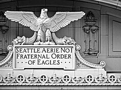 Terracotta eagle on the Eagles Auditorium Terracotta ornamentation of the former Eagles Aerie No. 1, Eagles Auditorium Building in Seattle..JPG